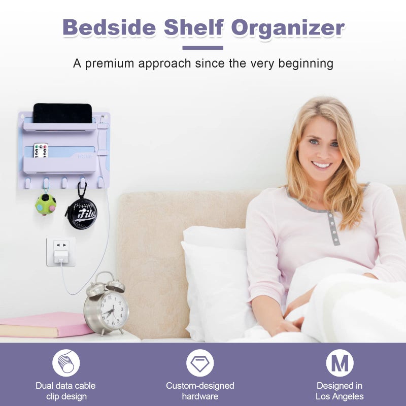 JUMEIHUI Bedside Shelf Wall Mount  Adhesive Bedside Shelf Accessories Organizer with Hooks and Cable Clips Dorm Bedside Wall Storage for Phone  Remote  Earphone  Kindle Plastic(White) - Image 4
